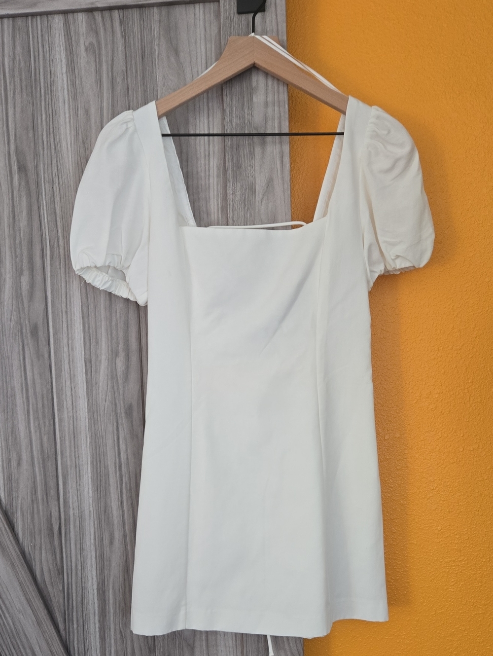 Zara Linen Blend Cream Square Neck Puff Sleeve Mini Dress
